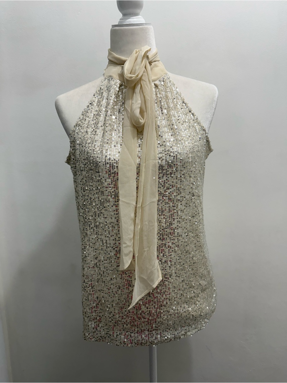 Calvin Klein Cream Sequin Halter Tie-Neck Camisole sleeveless Size S EUC